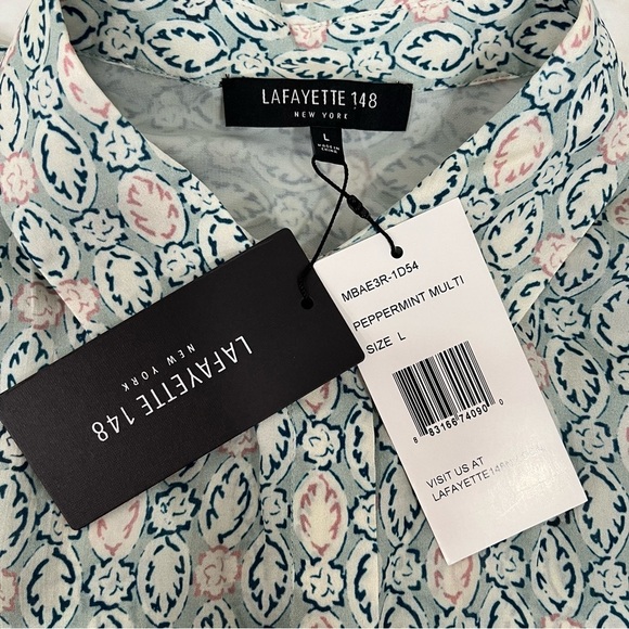 NWT Lafayette 148 Scottie Decorative Crepe Viscose Silk Blouse Button Up Large - Picture 8 of 12